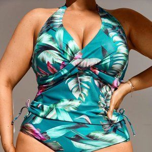 SHEIN Plus Tropical Print Drawstring Side Halter Bikini Swimsuit Size 3XL / 18